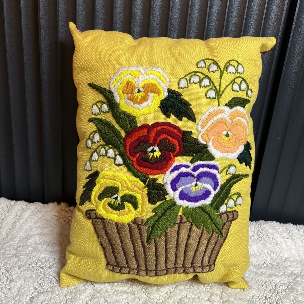 Vintage Crewel Pillow Lily of the Valley Pansies Basket Floral Finished Complete